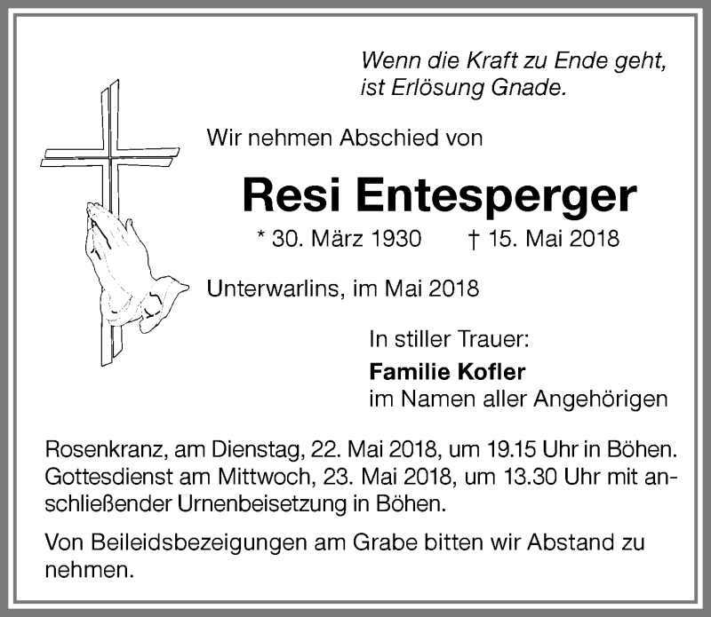  Traueranzeige für Resi Entesperger vom 19.05.2018 aus Memminger Zeitung