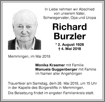 Traueranzeige von Richard Burzler von Memminger Zeitung