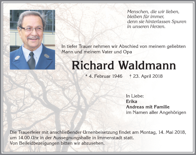  Traueranzeige für Richard Waldmann vom 09.05.2018 aus Allgäuer Anzeigeblatt