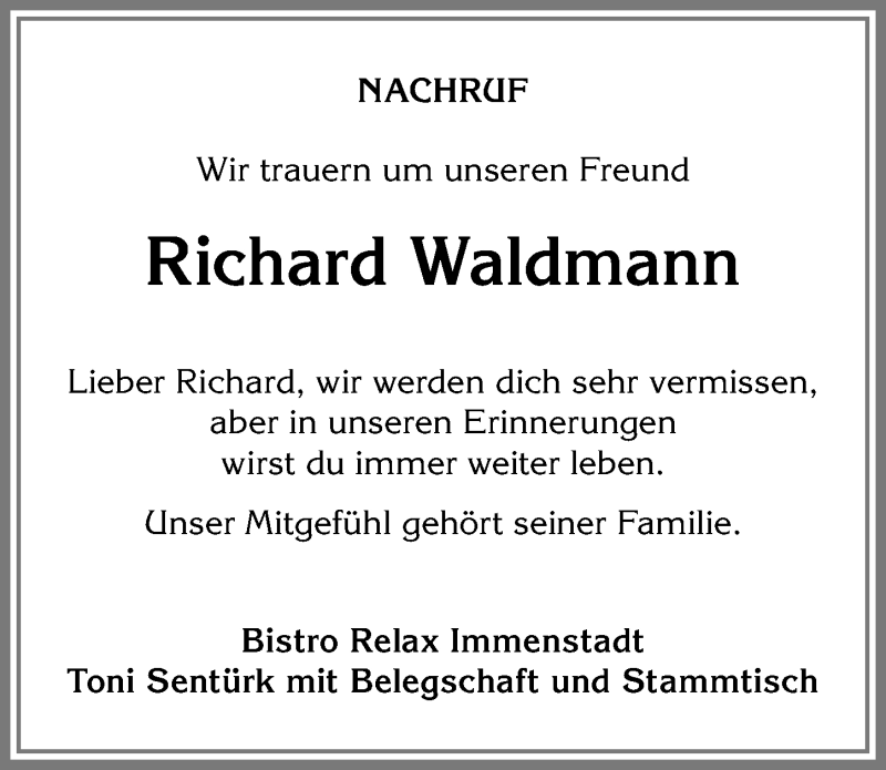  Traueranzeige für Richard Waldmann vom 09.05.2018 aus Allgäuer Anzeigeblatt