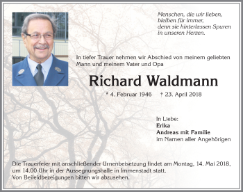 Traueranzeige von Richard Waldmann von Allgäuer Anzeigeblatt