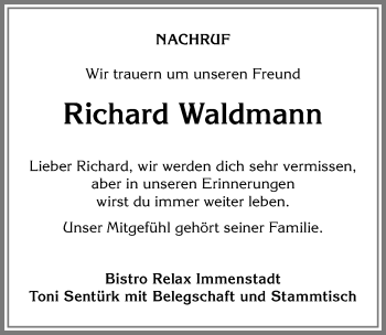 Traueranzeige von Richard Waldmann von Allgäuer Anzeigeblatt