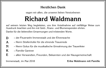 Traueranzeige von Richard Waldmann von Allgäuer Anzeigeblatt