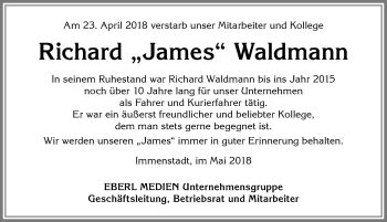 Traueranzeige von Richard Waldmann von Allgäuer Anzeigeblatt