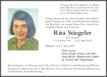 Traueranzeige von Rita Stiegeler von Der Westallgäuer