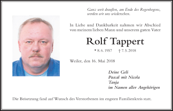 Traueranzeige von Rolf Tappert von Der Westallgäuer