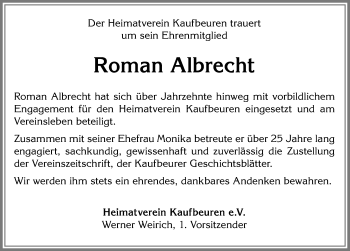 Traueranzeige von Roman Albrecht von Allgäuer Zeitung, Kaufbeuren/Buchloe