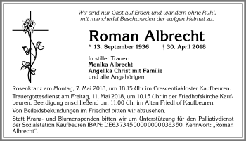 Traueranzeige von Roman Albrecht von Allgäuer Zeitung, Kaufbeuren/Buchloe