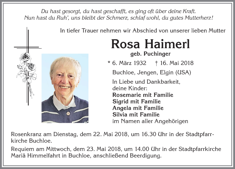  Traueranzeige für Rosa Haimerl vom 19.05.2018 aus Allgäuer Zeitung, Kaufbeuren/Buchloe