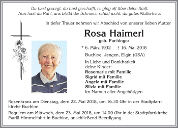 Traueranzeige von Rosa Haimerl von Allgäuer Zeitung, Kaufbeuren/Buchloe