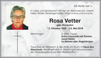 Traueranzeige von Rosa Vetter von Memminger Zeitung