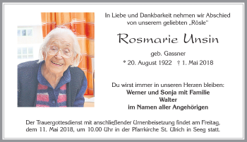 Traueranzeige von Rosemarie Unsin von Allgäuer Zeitung, Füssen