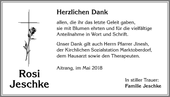 Traueranzeige von Rosi Jeschke von Allgäuer Zeitung, Marktoberdorf
