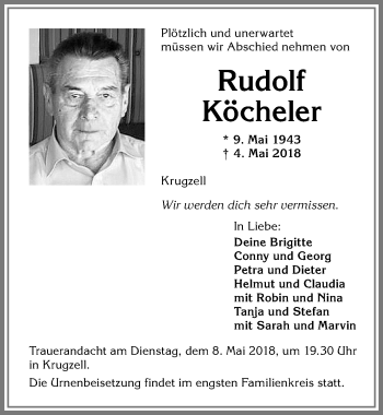 Traueranzeige von Rudolf Köcheler von Allgäuer Zeitung,Kempten