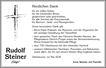 Traueranzeige von Rudolf Steiner von Allgäuer Zeitung, Kaufbeuren/Buchloe