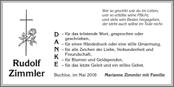Traueranzeige von Rudolf Zimmler von Allgäuer Zeitung, Kaufbeuren/Buchloe