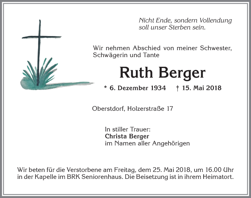  Traueranzeige für Ruth Berger vom 19.05.2018 aus Allgäuer Anzeigeblatt