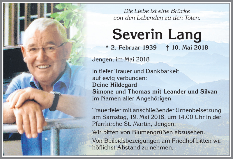  Traueranzeige für Severin Lang vom 16.05.2018 aus Allgäuer Zeitung, Kaufbeuren/Buchloe