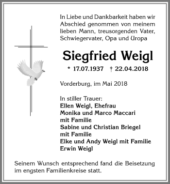 Traueranzeige von Siegfried Weigl von Allgäuer Anzeigeblatt