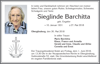 Traueranzeige von Sieglinde Barchitta von Allgäuer Zeitung, Marktoberdorf