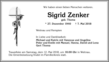 Traueranzeige von Sigrid Zenker von Allgäuer Zeitung,Kempten