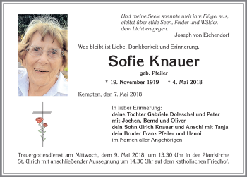 Traueranzeige von Sofie Knauer von Allgäuer Zeitung,Kempten