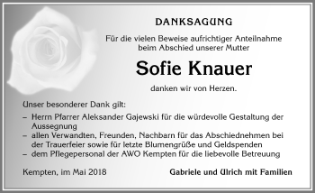 Traueranzeige von Sofie Knauer von Allgäuer Zeitung,Kempten
