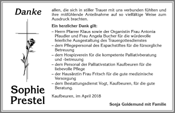 Traueranzeige von Sophie Prestel von Allgäuer Zeitung, Kaufbeuren/Buchloe