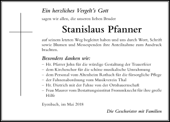 Traueranzeige von Stanislaus Pfanner von Der Westallgäuer