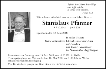 Traueranzeige von Stanislaus Pfanner von Der Westallgäuer