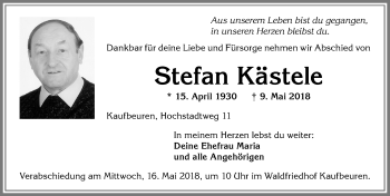 Traueranzeige von Stefan Kästele von Allgäuer Zeitung, Kaufbeuren/Buchloe