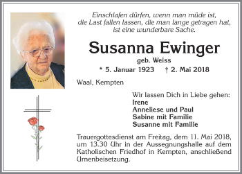 Traueranzeige von Susanna Ewinger von Allgäuer Zeitung,Kempten