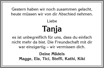 Traueranzeige von Tanja  von Allgäuer Anzeigeblatt