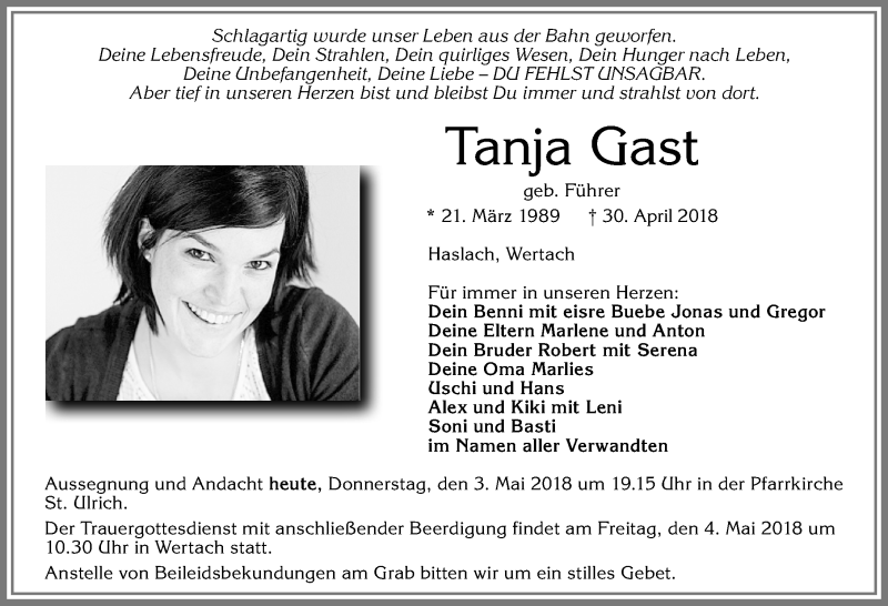  Traueranzeige für Tanja Gast vom 03.05.2018 aus Allgäuer Zeitung,Kempten