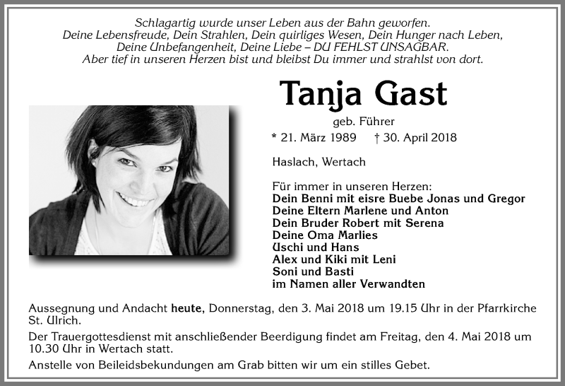  Traueranzeige für Tanja Gast vom 03.05.2018 aus Allgäuer Anzeigeblatt