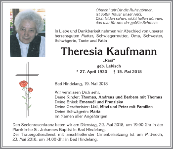 Traueranzeige von Theresia Kaufmann von Allgäuer Anzeigeblatt