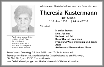 Traueranzeige von Theresia Kustermann von Allgäuer Zeitung,Kempten