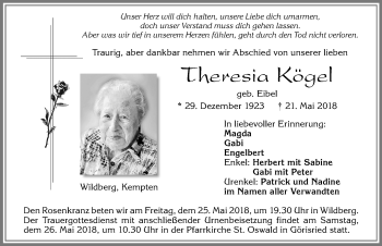 Traueranzeige von Theresia Kögel von Allgäuer Zeitung, Marktoberdorf
