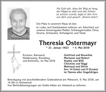 Traueranzeige von Theresia Ostermayr von Allgäuer Zeitung, Marktoberdorf