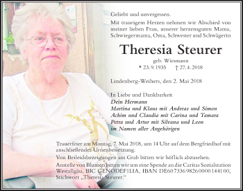 Traueranzeige von Theresia Steurer von Der Westallgäuer