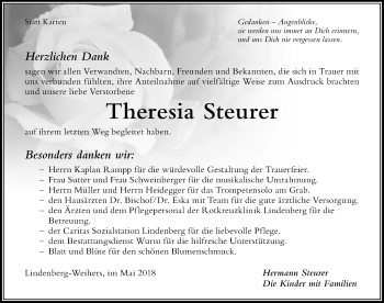 Traueranzeige von Theresia Steurer von Der Westallgäuer