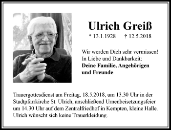 Traueranzeige von Ulrich Greiß von Allgäuer Zeitung,Kempten