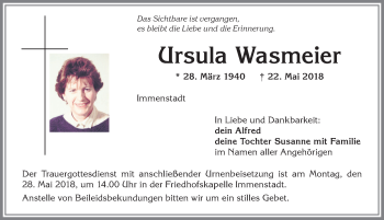 Traueranzeige von Ursula Wasmeier von Allgäuer Anzeigeblatt