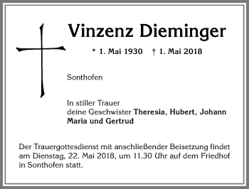 Traueranzeige von Vinzenz Dieminger von Allgäuer Anzeigeblatt