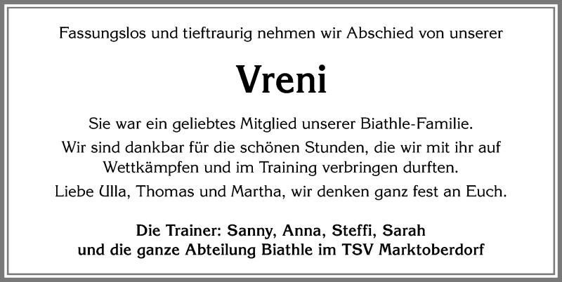  Traueranzeige für Vreni  vom 18.05.2018 aus Allgäuer Zeitung, Marktoberdorf