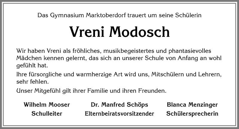  Traueranzeige für Vreni Modosch vom 18.05.2018 aus Allgäuer Zeitung, Marktoberdorf
