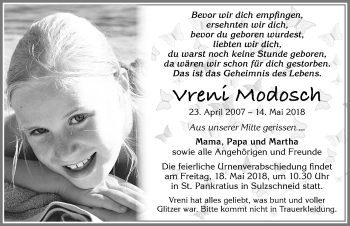 Traueranzeige von Vreni Modosch von Allgäuer Zeitung, Marktoberdorf
