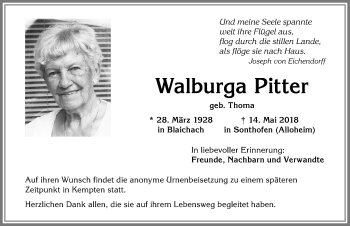 Traueranzeige von Walburga P-itter von Allgäuer Anzeigeblatt