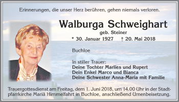 Traueranzeige von Walburga Schweighardt von Allgäuer Zeitung, Kaufbeuren/Buchloe