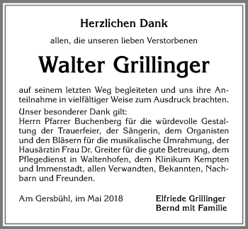 Traueranzeige von Walter Grillinger von Allgäuer Zeitung,Kempten